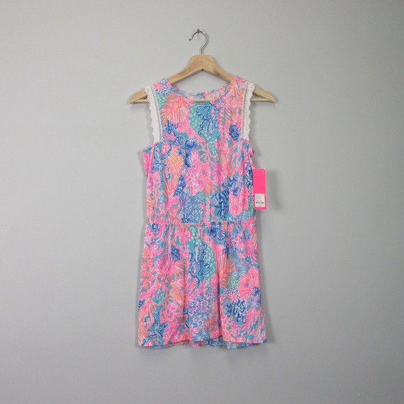 Lilly Pulitzer Girls Mini Agee Romper Dress XL Pink Cotton Sleeveless Beach 176 - Picture 1 of 12